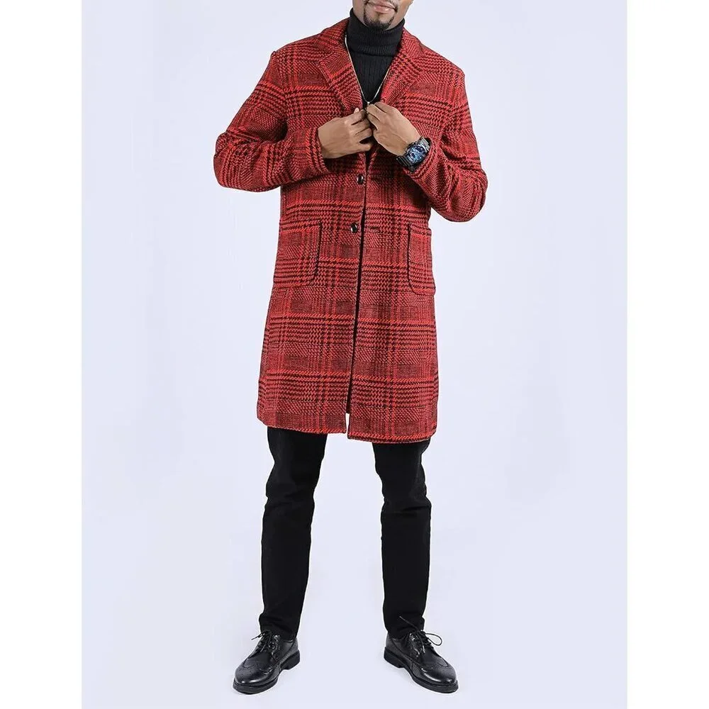 Men's Wine Red Wool Blend Pea Coat Notched Collar Single Breasted Overcoat